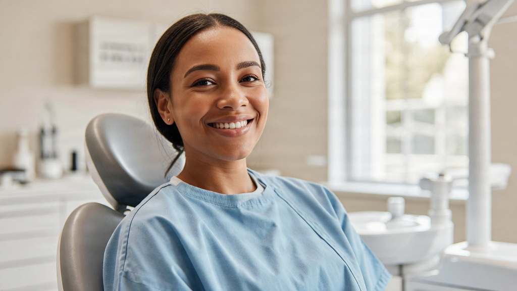 Blurred background of a modern dental office with a smiling patient, professional atmosphere.